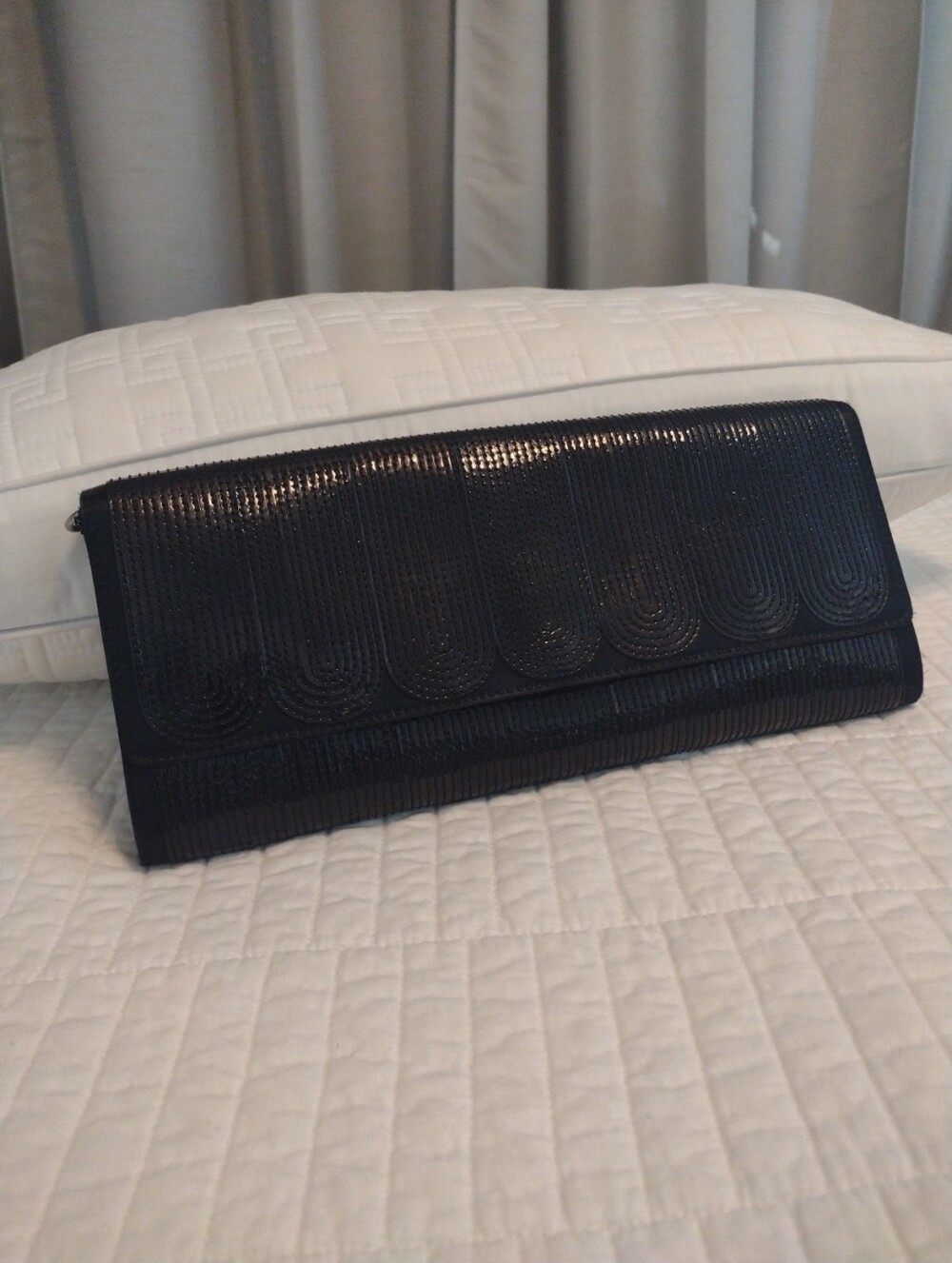 Cole Hann Envelope Clutch Purse Art Deco Stitch Pattern Black Patent Shine Satin